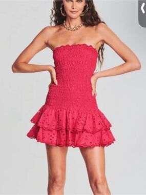 Strapless CHARO Ruiz Ibiza Smocked Eyelet Ruffle Mini Dress - Bright Pink